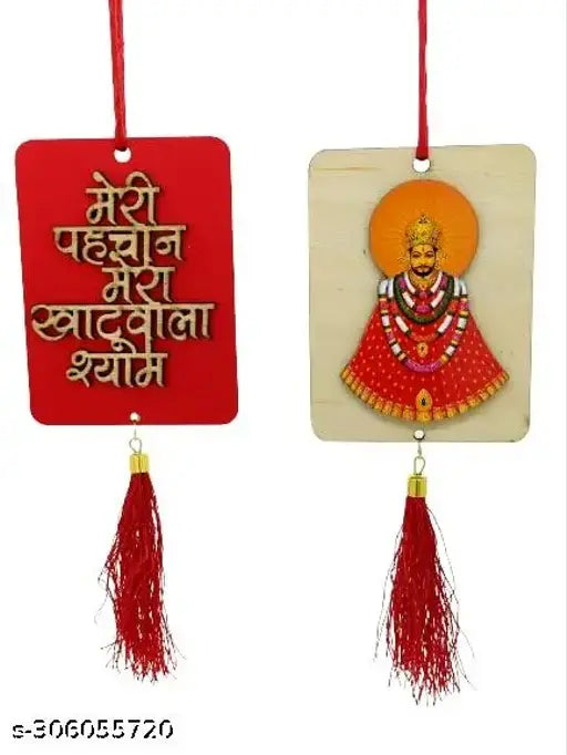 Indian double-sided religious idol decor, quality plastic & chain. Medium-sized Khatu Shyam car hanging for mirror or door