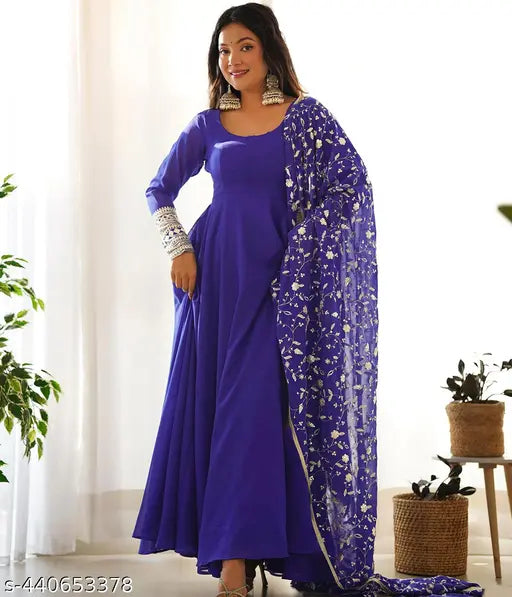 Georgette embroidery gown with dupatta, India-made traditional ethnic wear for women, S-XXL sizes