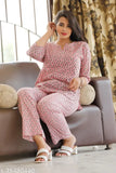 Cotton printed pink night suit for women and girls, stylish and comfortable with three-quarter sleeves. Indian-made luxury sleepwear