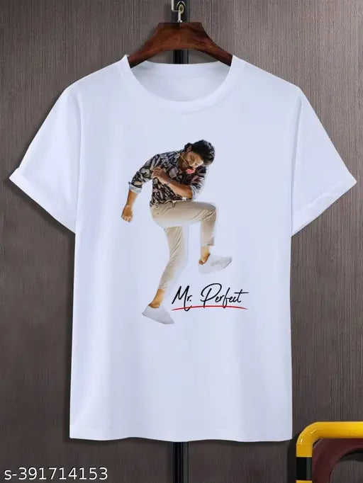 White printed cotton blend t-shirt with Allu Arjun's Mr Perfect look pattern, perfect for all seasons and various bottoms