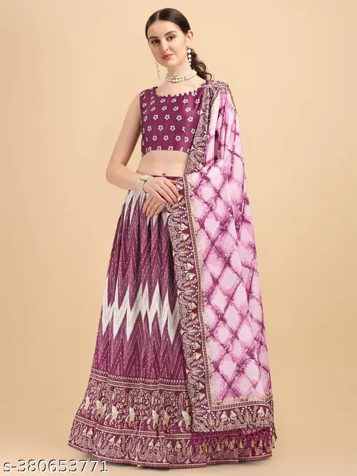 Purple satin digital print crush designer lehenga choli set with floral top, chevron dupatta, and tie & dye design elements