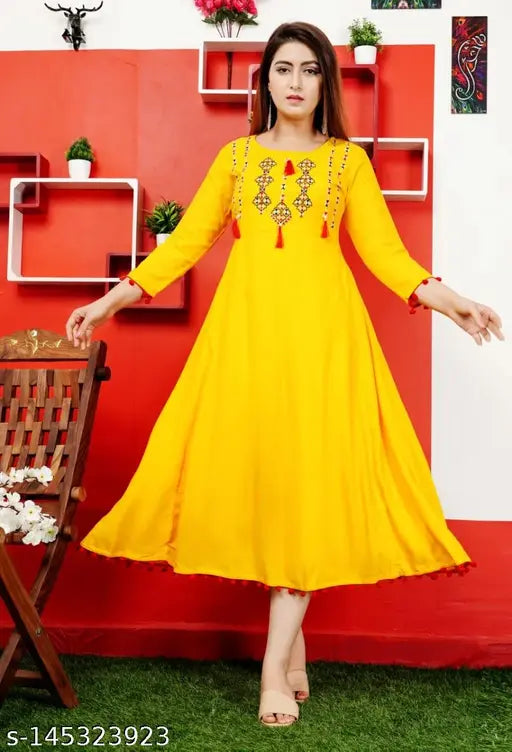 Ethnicawear women's long Anarkali pleated rayon kurti, embroidered, three-quarter sleeves, lightweight, trendy, comfortable, Indian origin