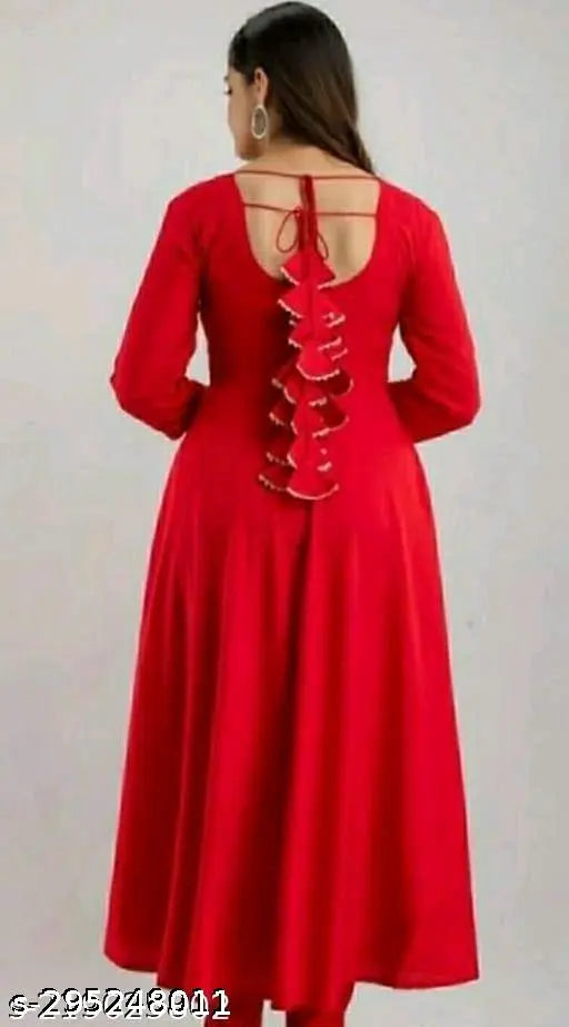 Red, long, sleeveless gown with a high neck and open back