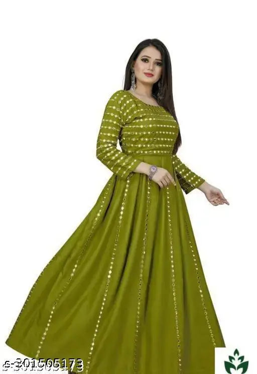 Green rayon embellished full-sleeve Anarkali gown for women, India