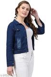Dark blue denim jacket for women and girls, long sleeves, solid washed fabric, machine washable, slim fit