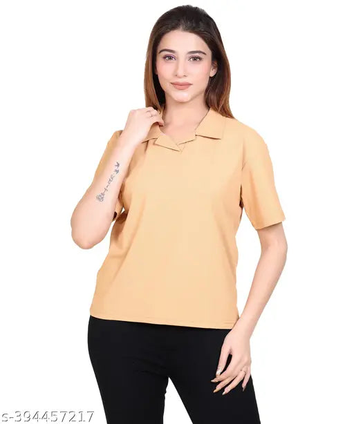 Women's cotton polo t-shirt, half sleeves, solid collar, plain design, India origin