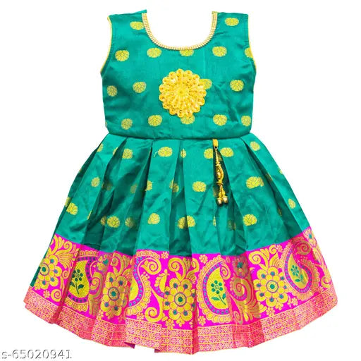 Cute girls' Banarasi silk and cotton frock with floral embroidery, paisley detailing, and pink border