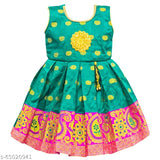 Cute girls' Banarasi silk and cotton frock with floral embroidery, paisley detailing, and pink border