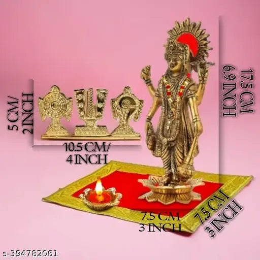 Bhagwan Vishnu Tirupati decorative metal lotus flower idol, 17cm high, set on red velvet carpet car puja chowki Aasan Moti Mala for Satya Narayan Vrat Katha Ekadashi Car Dash Board Diwali Home Temple Holi Kartik Puja