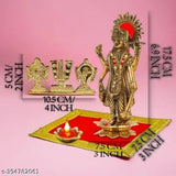 Bhagwan Vishnu Tirupati decorative metal lotus flower idol, 17cm high, set on red velvet carpet car puja chowki Aasan Moti Mala for Satya Narayan Vrat Katha Ekadashi Car Dash Board Diwali Home Temple Holi Kartik Puja