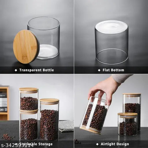 A set of twelve clear glass jars with airtight bamboo wood lid, containing floursugar or cookies. 220 ml jar. Ideal for kitchen storage