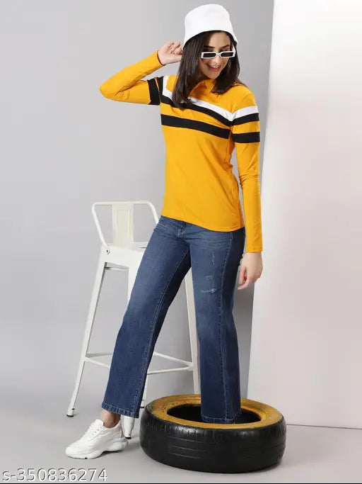 Multicolor striped cotton blend womens tshirt, India-made, loose fit for casual wear