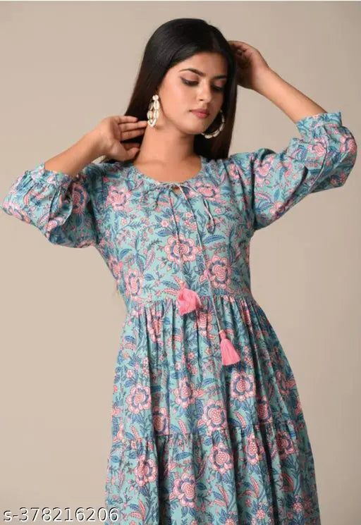 Floral cotton printed middy dress, three-quarter sleeves, vibrant floral pattern, Indian-made fashion