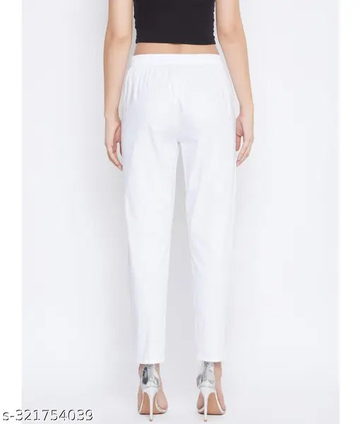 White cotton 118 pants, slim fit, elastic waist, casual style.