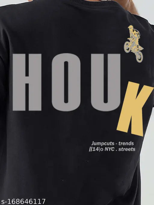Black oversize cotton 3/4th sleeve JUMP CUTS printed round neck men's t-shirt for a stylish casual outfit, India origin
