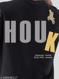Black oversize cotton 3/4th sleeve JUMP CUTS printed round neck men's t-shirt for a stylish casual outfit, India origin