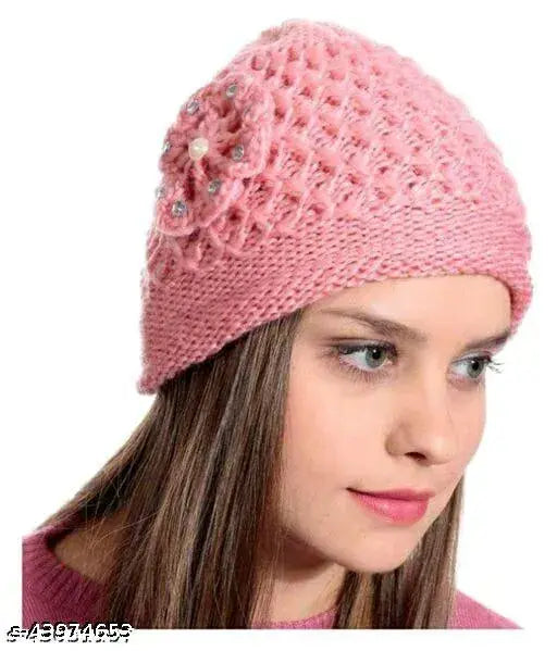Trendy women's pink wool beanie with ribbed detailing and ear flap