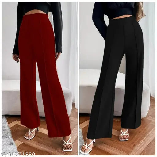 Women's high waist stretchable elasticated flared pants in black and red for casual office work wear