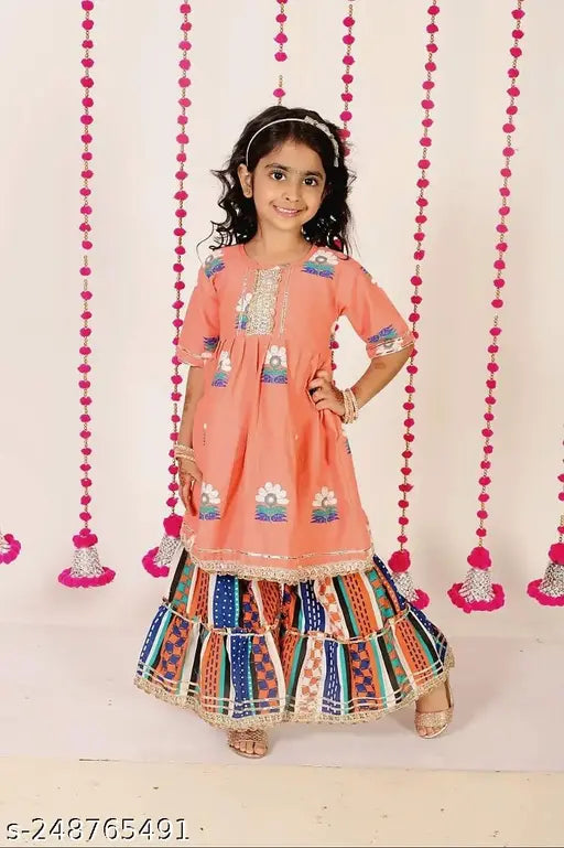 Cotton Apsara Kurti & Sharara set in vibrant print, without dupatta. Indian kids' clothing with Gota lace detail, sizes 6-5 years
