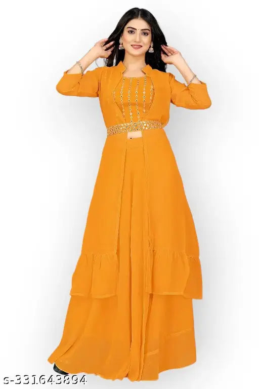 Trending women's ethnic set with Georgette Koti top, bottom. Three-quarter sleeves, full stitch jacket lehenga choli. Sizes: S (34/38/39), M (36/40/39), L (38/42/39), XL (40/44/39). Embroidered gotapatti design. Indian-made