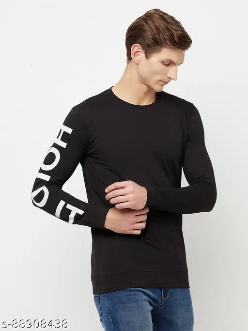 Black solid round neck cotton blend t-shirt for men, premium quality long sleeve - HOLDIT