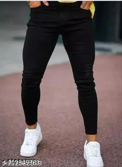 Men's black cotton plain jeans, solid style, size options include 28, 30, and 32 inches