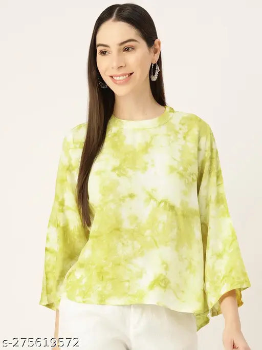 Green Off White Rayon Top, viscose rayon, relaxed fit, dyed/washed net pattern, three-quarter sleeves, round neckline, India origin