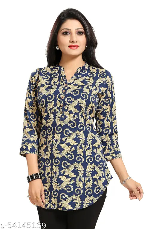 Blue and yellow printed crepe three-quarter sleeve frock top/kurti for women, Aakarsha refined dresses
