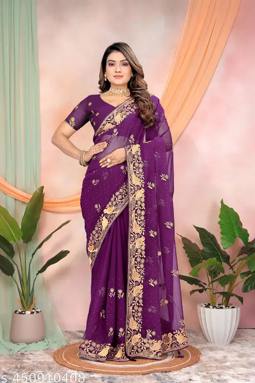 Purple silk saree with embroidery, lightweight blouse