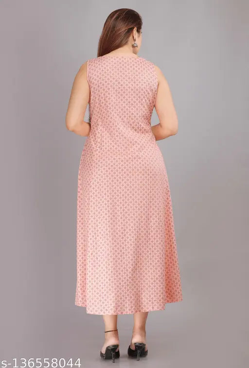Pink chiffon anarkali dress, sleeveless, printed sleeve