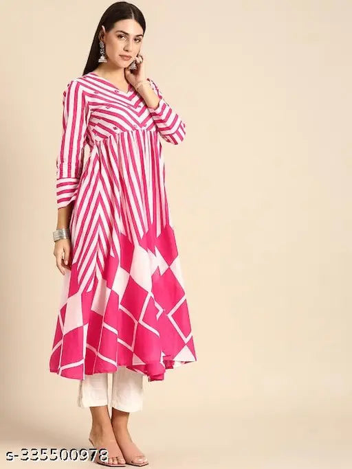 Pink rayon printed Anarkali gown with three-quarter sleeves and mirror work, ideal for women and girls. Made in India." (125 characters)