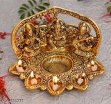 Gold-plated metal Laxmi Ganesh Saraswati idol oil diya, exotic Indian home decor, perfect for Diwali festival season