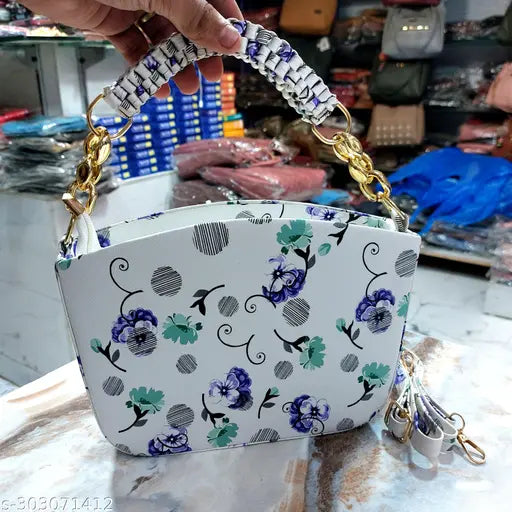 Blue and white handbag with flower pattern, handmade knitted handles