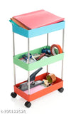 Colorful plastic vegetable kitchen trolley with three shelves, multi-colored