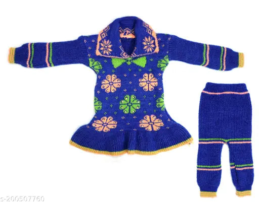 Woolen striped dress set with pant pyjami shawl collar full sleeve for infant girls, 6-12 months, India