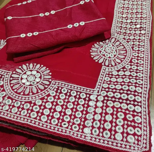 Red georgette lace with white floral embroidery on a red background