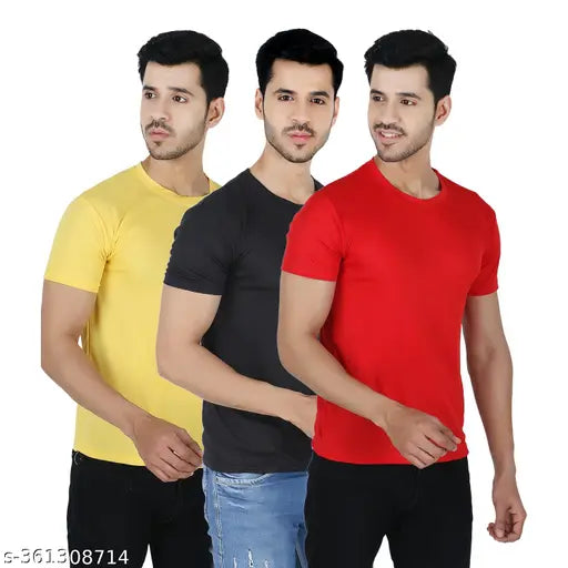 Stylish solid round-neck polyester t-shirts pack of 3, featuring short sleeves and sizes S to XXL, ideal for men's casual wear