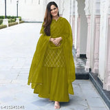 Yellow rayon round neck kurta and sharara set with net dupatta