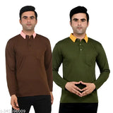 Multi-colored cotton blend full sleeve men's T-shirt with contrast collar & pocket, machine washable, available in sizes M, L, XL, 2XL