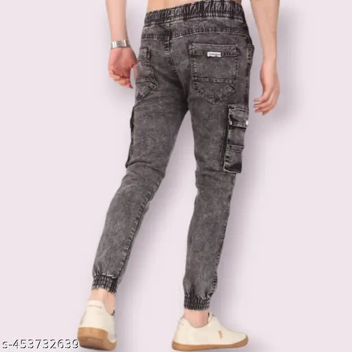 Dark wash six pocket cargo jeans with visible stitching and side pockets