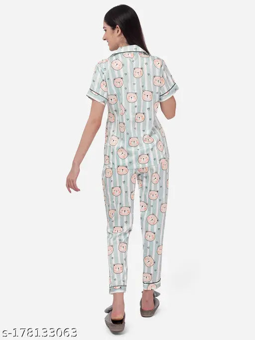 Fbella women's panda printed silk satin night suit, half-sleeved shirt with notch collar & shorts, soft elastic waist, India origin