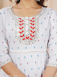 Rayon printed ambroidery kurta with three-quarter sleeves, vibrant Indian traditional attire for women on display