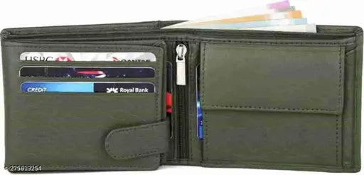 Green genuine leather men's wallet, 12 card slots, solid pattern, free size (11cm x 10cm), India origin