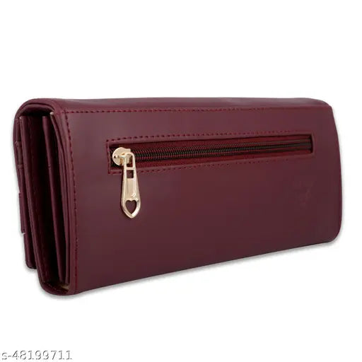 Maroon faux leather clutch, zip closure, 6 card slots