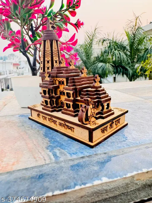 Wooden 3D Ayodhya Temple, Shri Ram Mandir for home office or car dashboard, intricately crafted Indian Ram Darbar Idol (11 cm H x 9 cm W x 5 cm L)