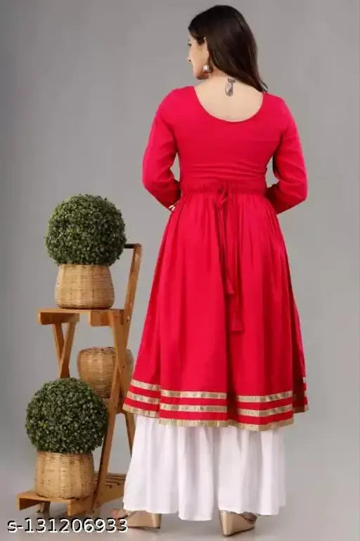 Rayon calf-length Anarkali kurta set with palazzos, handcrafted Indian designer women's fashion