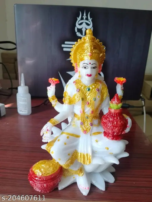 Marble Ganesh Lakshmi Idol - Elegant home temple decor, Diwali-ready Goddess Laxmi statue (4.5"x7"x3")