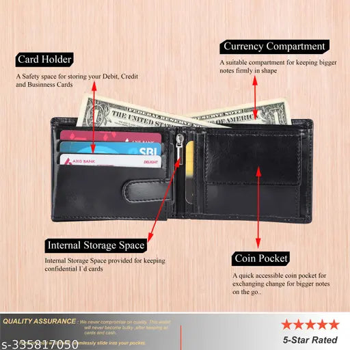 BrownBlackBlue Faux Leather Two-Fold Men's Wallet with 11 card slots, 2 currency compartments, and hidden pockets. Indian-made, RFID protected