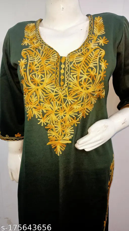 Olive green mustard embroidered woolen kurti for women