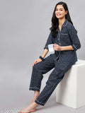 WineRed Women's Blue Bandhej Print Collared Lapel NightSuit - Indian-made cotton comfort, perfect for day or night